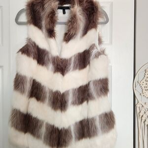 White House Black Market Chevron Faux Fur Vest in Brown and Cream